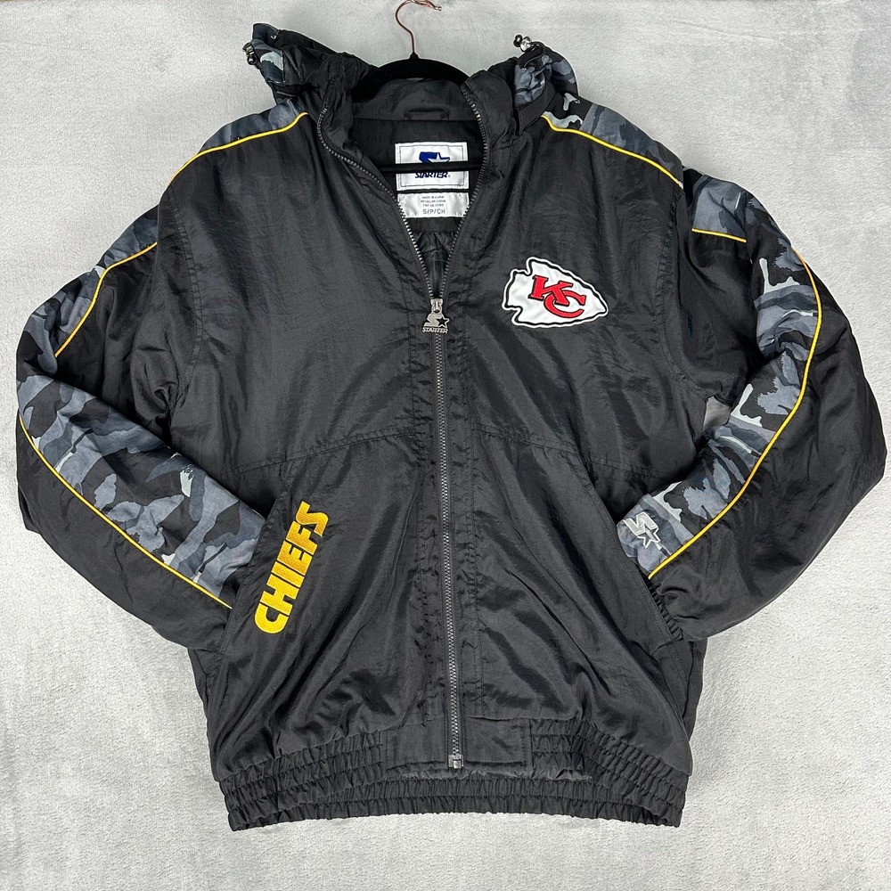 Vintage 90s Starter Kansas City Chiefs Jacket Mens Small Black Camo Hooded NFL